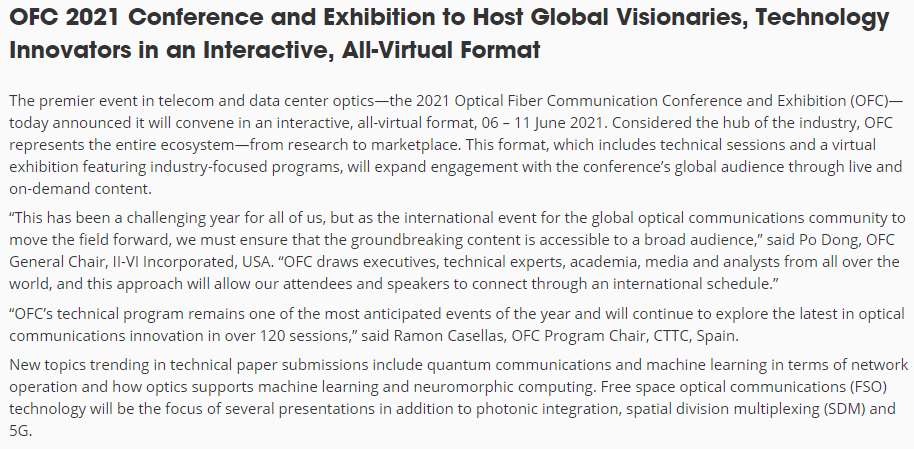 光通信盛会OFC 2021将完全通过线上举行